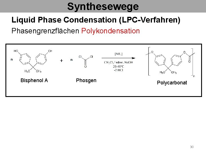 Synthesewege Liquid Phase Condensation (LPC-Verfahren) Phasengrenzflächen Polykondensation Bisphenol A Phosgen Polycarbonat 30 