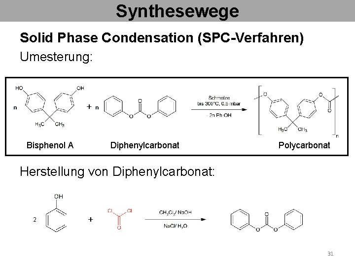 Synthesewege Solid Phase Condensation (SPC-Verfahren) Umesterung: Bisphenol A Diphenylcarbonat Polycarbonat Herstellung von Diphenylcarbonat: 2