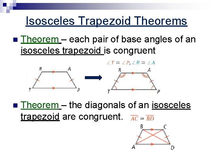 Isosceles Trapezoid Theorems n Theorem – each pair of base angles of an isosceles