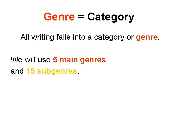 Genre = Category All writing falls into a category or genre. We will use