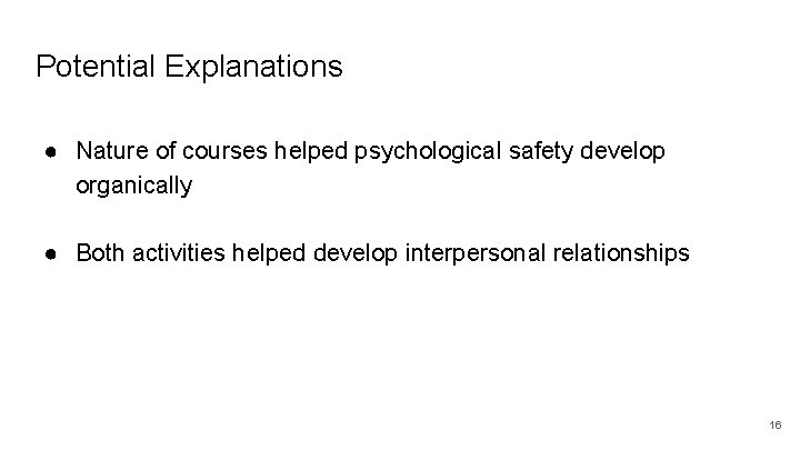 Potential Explanations ● Nature of courses helped psychological safety develop organically ● Both activities