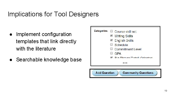 Implications for Tool Designers ● Implement configuration templates that link directly with the literature
