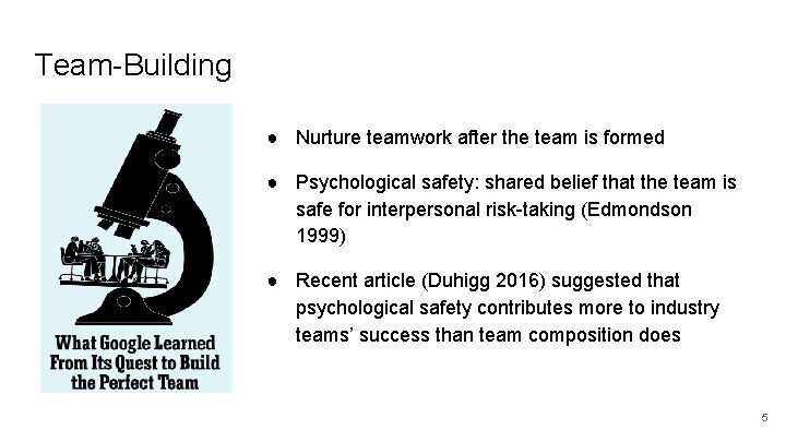 Team-Building ● Nurture teamwork after the team is formed ● Psychological safety: shared belief