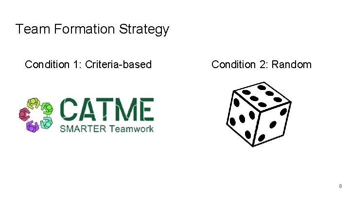 Team Formation Strategy Condition 1: Criteria-based Condition 2: Random 8 