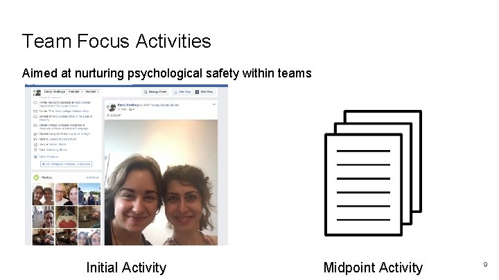 Team Focus Activities Aimed at nurturing psychological safety within teams Initial Activity Midpoint Activity