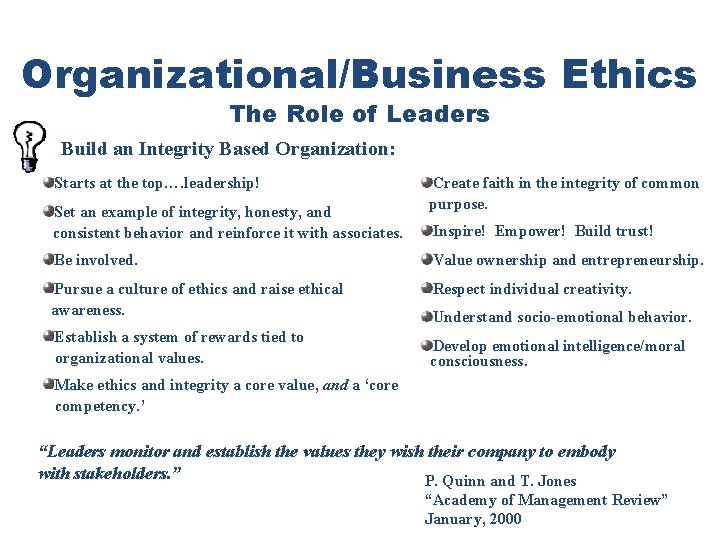 Organizational/Business Ethics The Role of Leaders Build an Integrity Based Organization: Starts at the