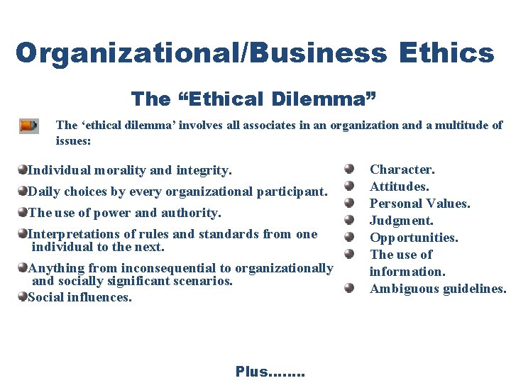 Organizational/Business Ethics The “Ethical Dilemma” The ‘ethical dilemma’ involves all associates in an organization