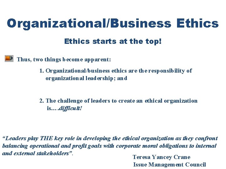 Organizational/Business Ethics starts at the top! Thus, two things become apparent: 1. Organizational/business ethics