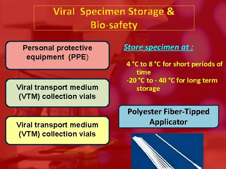 Viral Specimen Storage & Bio-safety Personal protective equipment (PPE) Viral transport medium (VTM) collection