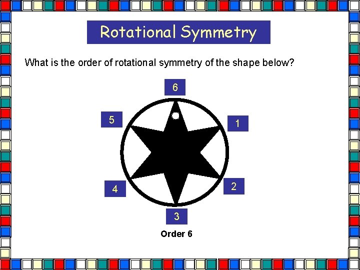 Rotational Symmetry What is the order of rotational symmetry of the shape below? 6