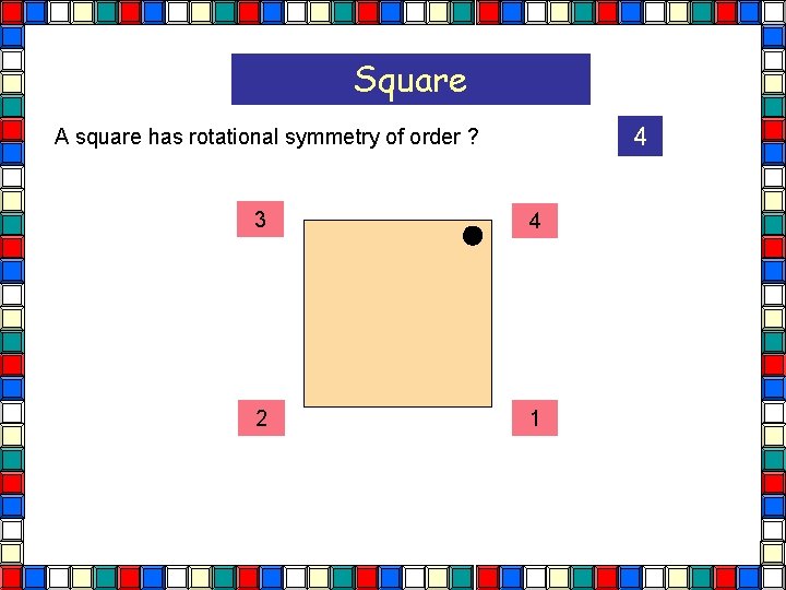 Square 4 A square has rotational symmetry of order ? 3 4 2 1