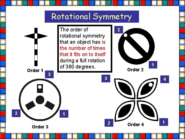 Rotational Symmetry Order 1 The order of rotational symmetry that an object has is