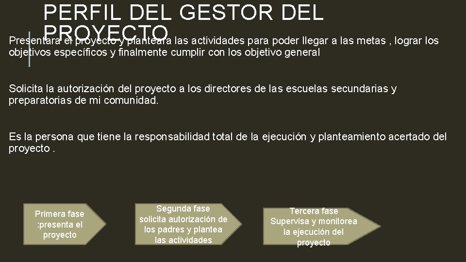 PERFIL DEL GESTOR DEL PROYECTO Presentara el proyecto y planteara las actividades para poder