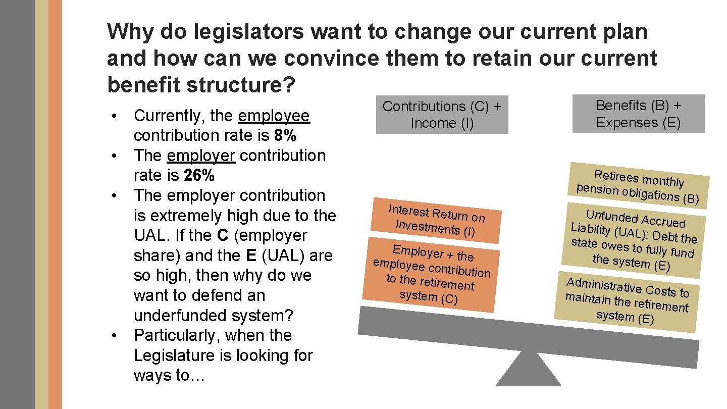 Why do legislators want to change our current plan and how can we convince