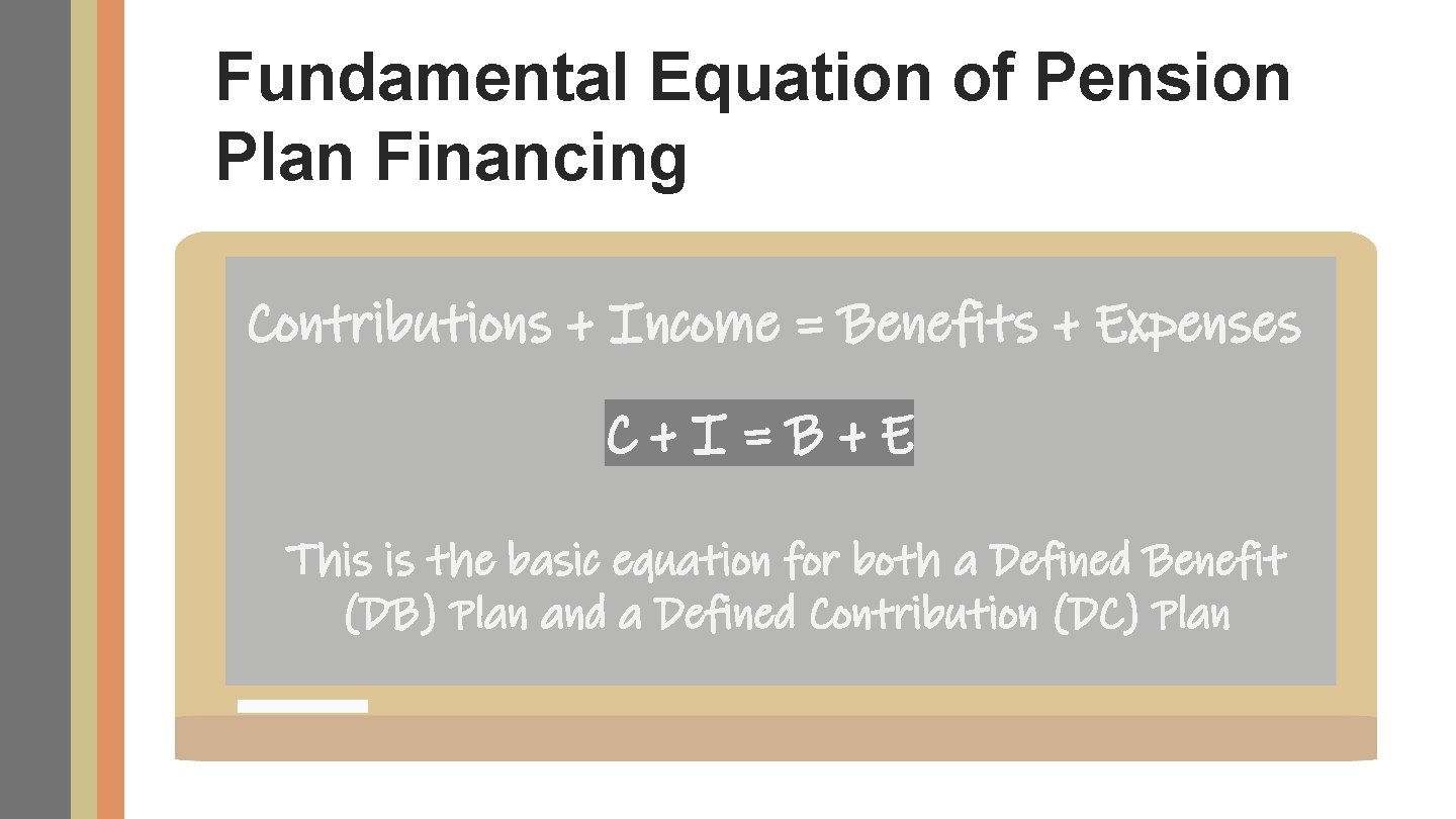 Fundamental Equation of Pension Plan Financing Contributions + Income = Benefits + Expenses C+I=B+E