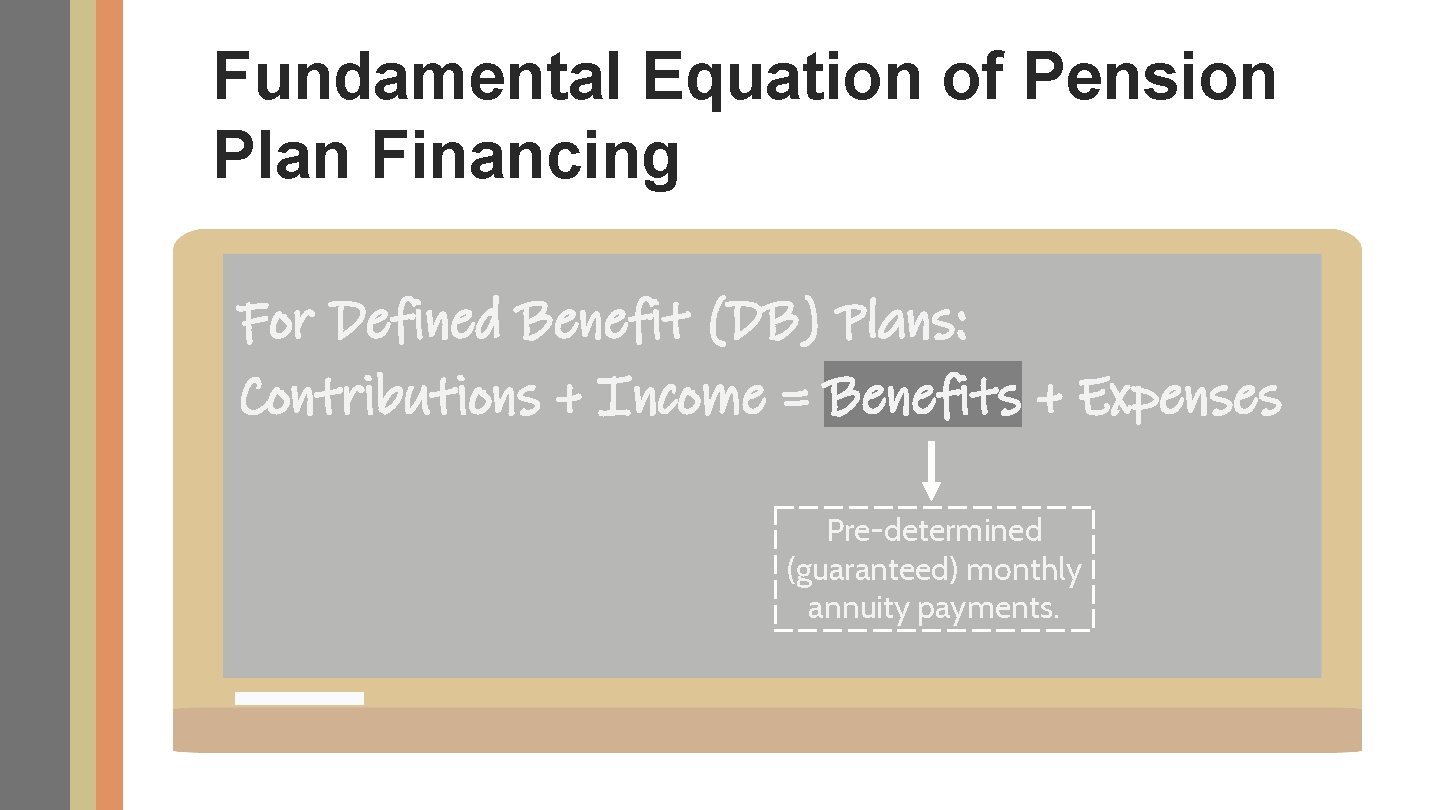 Fundamental Equation of Pension Plan Financing For Defined Benefit (DB) Plans: Contributions + Income