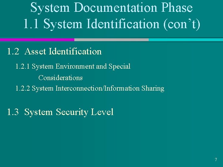 System Documentation Phase 1. 1 System Identification (con’t) 1. 2 Asset Identification 1. 2.