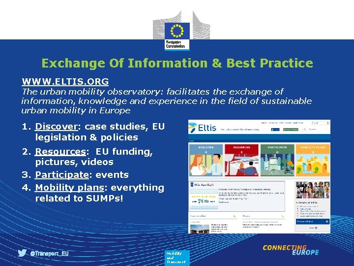 Exchange Of Information & Best Practice WWW. ELTIS. ORG The urban mobility observatory: facilitates
