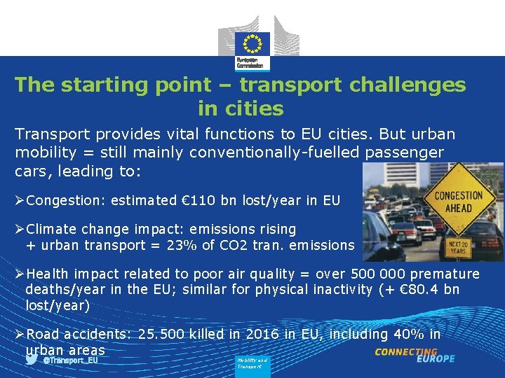 The starting point – transport challenges in cities Transport provides vital functions to EU