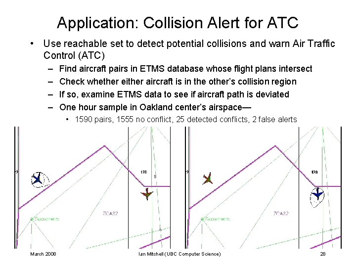 Application: Collision Alert for ATC • Use reachable set to detect potential collisions and