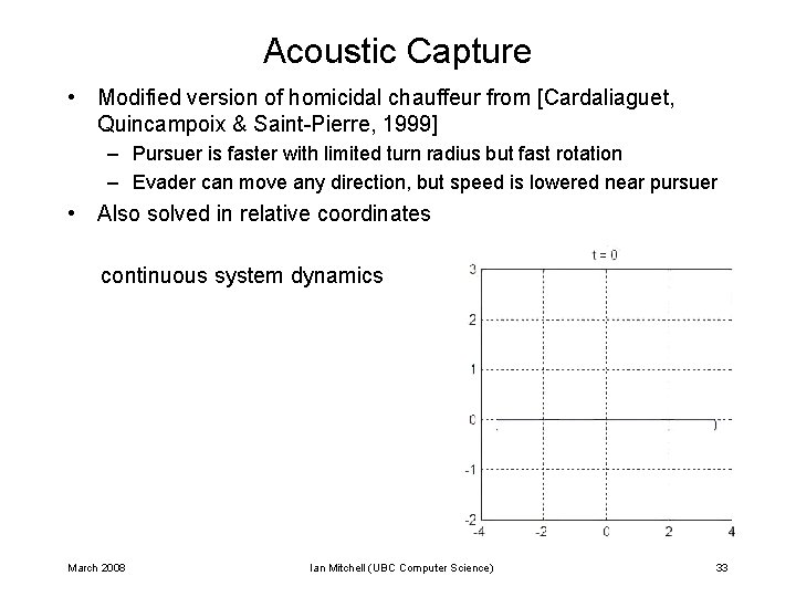 Acoustic Capture • Modified version of homicidal chauffeur from [Cardaliaguet, Quincampoix & Saint-Pierre, 1999]
