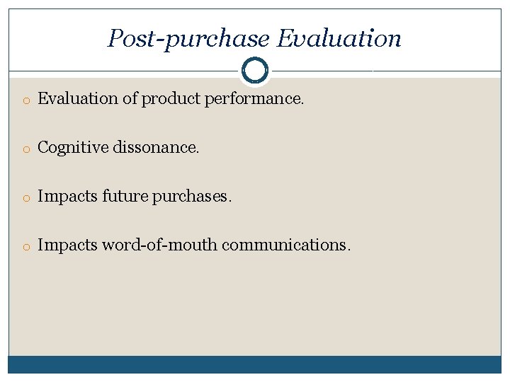 Post-purchase Evaluation of product performance. o Cognitive dissonance. o Impacts future purchases. o Impacts