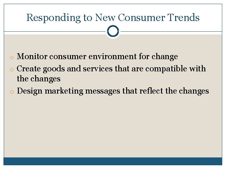 Responding to New Consumer Trends o Monitor consumer environment for change o Create goods