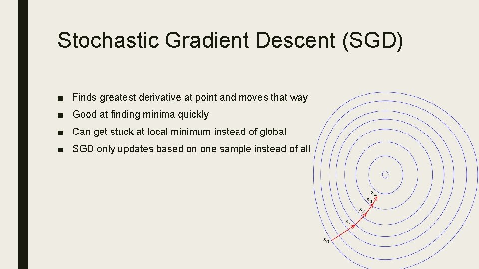 Stochastic Gradient Descent (SGD) ■ Finds greatest derivative at point and moves that way