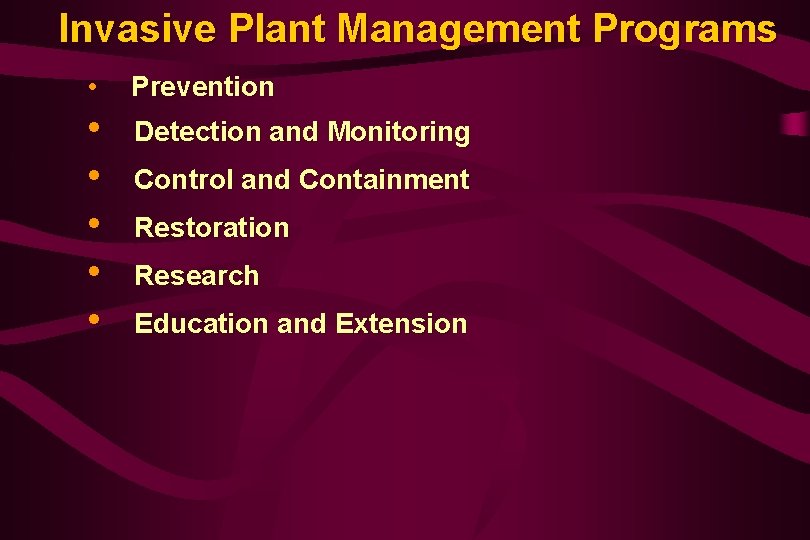 Invasive Plant Management Programs • Prevention • • • Detection and Monitoring Control and