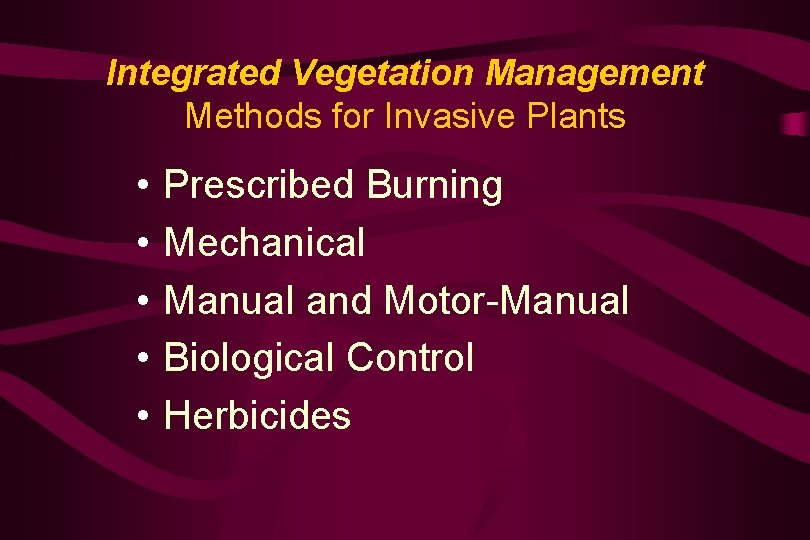 Integrated Vegetation Management Methods for Invasive Plants • • • Prescribed Burning Mechanical Manual