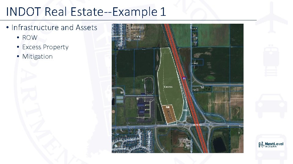 INDOT Real Estate--Example 1 • Infrastructure and Assets • ROW • Excess Property •