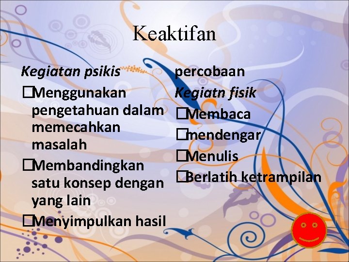 Keaktifan Kegiatan psikis �Menggunakan pengetahuan dalam memecahkan masalah �Membandingkan satu konsep dengan yang lain