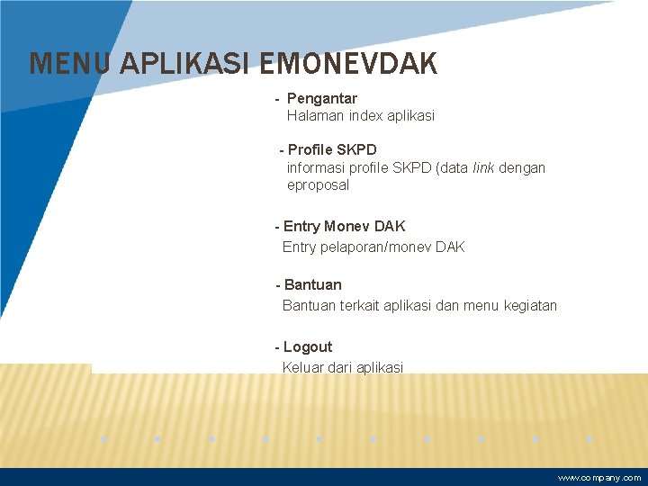 MENU APLIKASI EMONEVDAK - Pengantar Halaman index aplikasi - Profile SKPD informasi profile SKPD