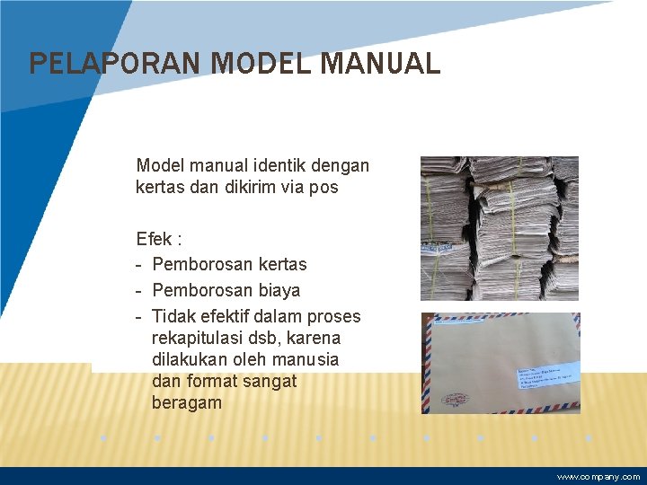 PELAPORAN MODEL MANUAL Model manual identik dengan kertas dan dikirim via pos Efek :