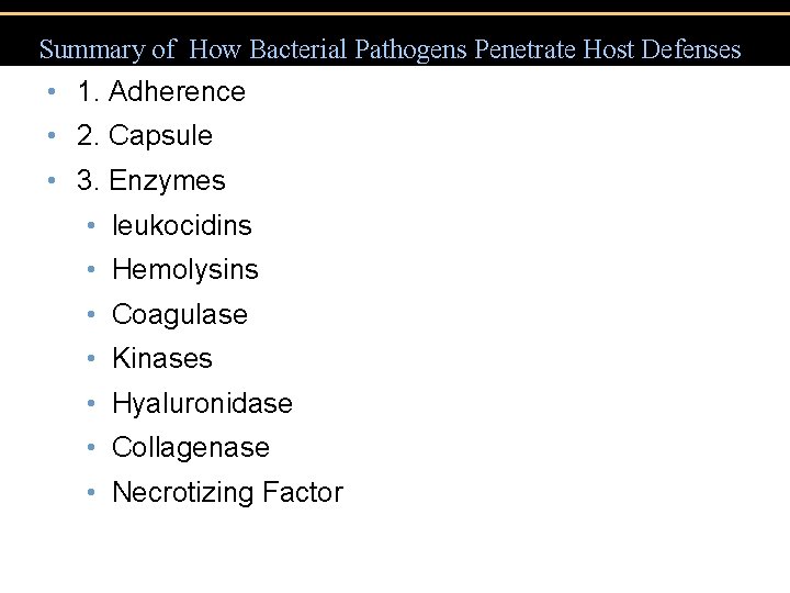 Summary of How Bacterial Pathogens Penetrate Host Defenses • 1. Adherence • 2. Capsule Summary of How Bacterial Pathogens Penetrate Host Defenses • 1. Adherence • 2. Capsule