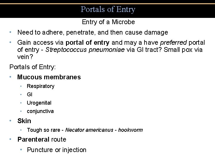 Portals of Entry of a Microbe • Need to adhere, penetrate, and then cause