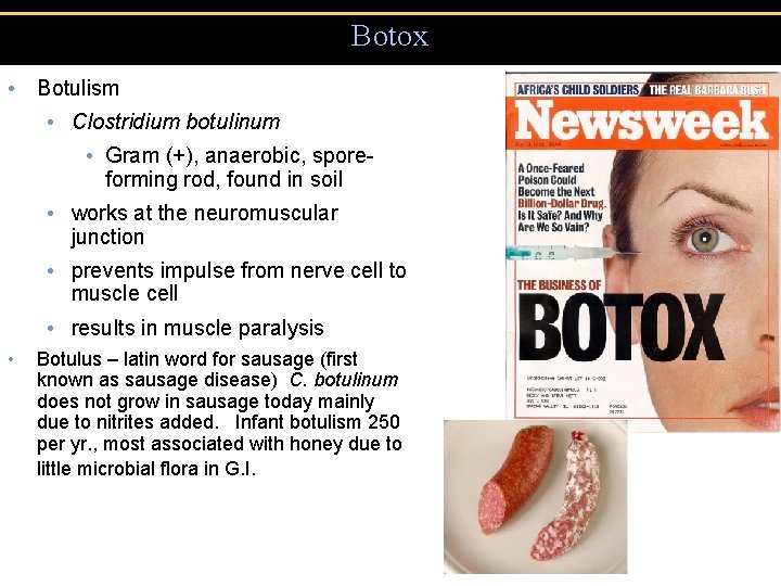 Botox • Botulism • Clostridium botulinum • Gram (+), anaerobic, sporeforming rod, found in