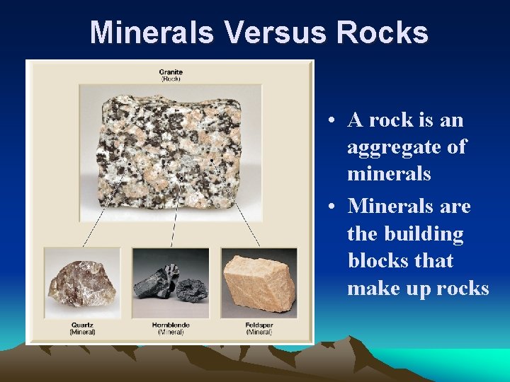 Minerals Versus Rocks • A rock is an aggregate of minerals • Minerals are