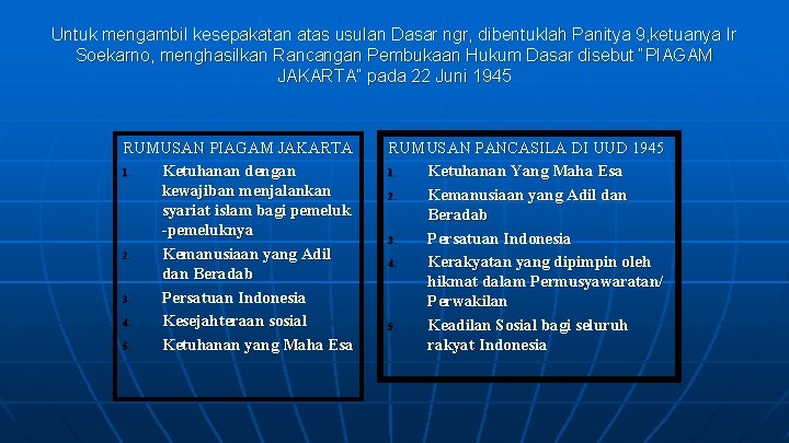 Untuk mengambil kesepakatan atas usulan Dasar ngr, dibentuklah Panitya 9, ketuanya Ir Soekarno, menghasilkan