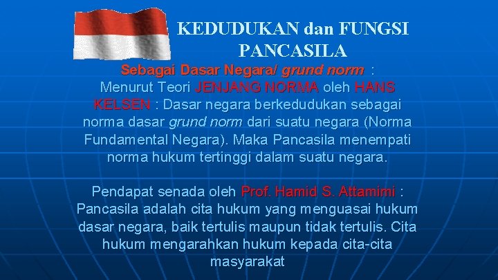 KEDUDUKAN dan FUNGSI PANCASILA Sebagai Dasar Negara/ grund norm : Menurut Teori JENJANG NORMA