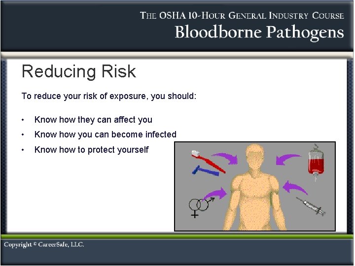 Reducing Risk To reduce your risk of exposure, you should: • Know how they