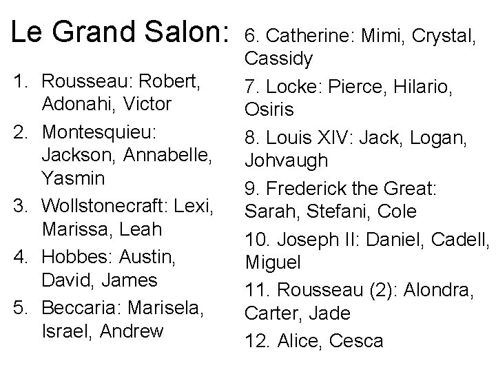 Le Grand Salon: 1. Rousseau: Robert, Adonahi, Victor 2. Montesquieu: Jackson, Annabelle, Yasmin 3.