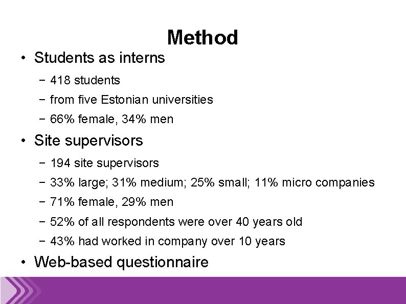  • Students as interns Method − 418 students − from five Estonian universities