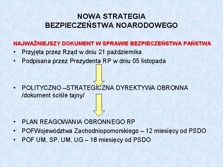 NOWA STRATEGIA BEZPIECZEŃSTWA NOARODOWEGO NAJWAŻNIEJSZY DOKUMENT W SPRAWIE BEZPIECZEŃSTWA PAŃSTWA • Przyjęta przez Rząd