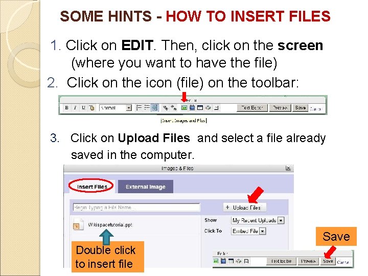 SOME HINTS - HOW TO INSERT FILES 1. Click on EDIT. Then, click on