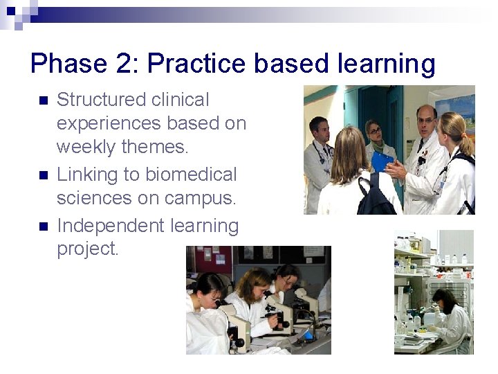 Phase 2: Practice based learning n n n Structured clinical experiences based on weekly