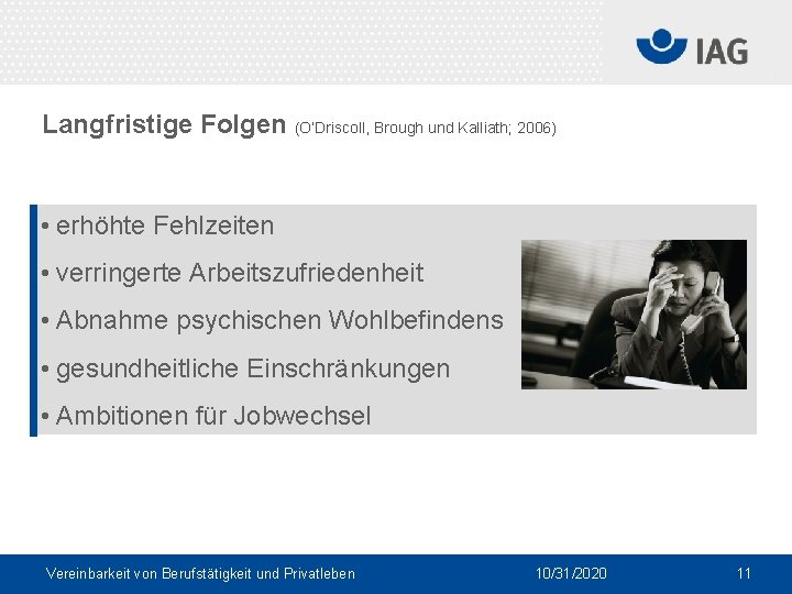 Langfristige Folgen (O’Driscoll, Brough und Kalliath; 2006) • erhöhte Fehlzeiten • verringerte Arbeitszufriedenheit •