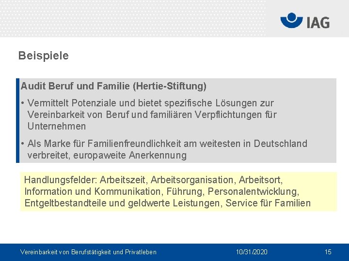 Beispiele Audit Beruf und Familie (Hertie-Stiftung) • Vermittelt Potenziale und bietet spezifische Lösungen zur