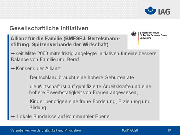 Gesellschaftliche Initiativen Allianz für die Familie (BMFSFJ, Bertelsmannstiftung, Spitzenverbände der Wirtschaft) seit Mitte 2003