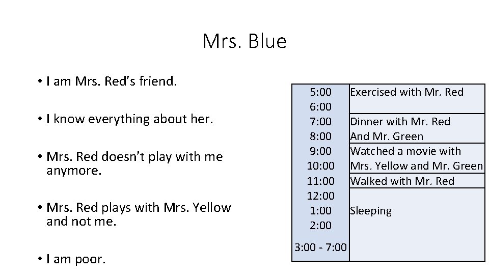 Mrs. Blue • I am Mrs. Red’s friend. • I know everything about her.